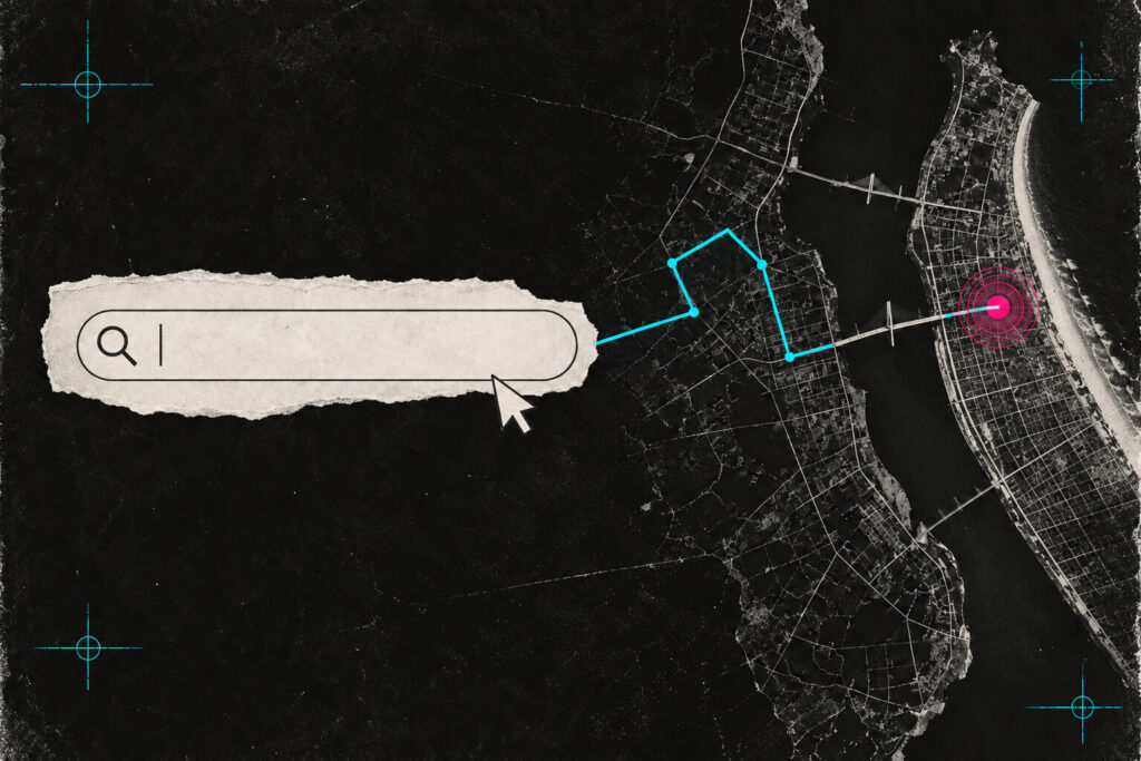 Editorial collage showing a search field connected to a map of Da Nang.
