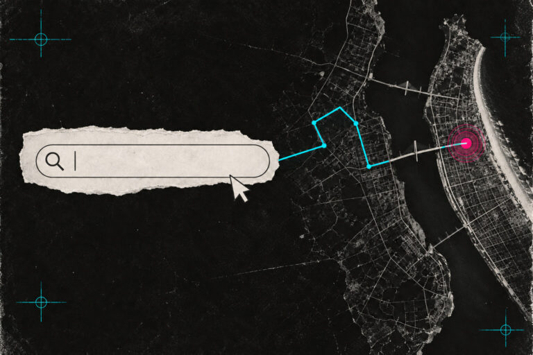 Editorial collage showing a search field connected to a map of Da Nang.