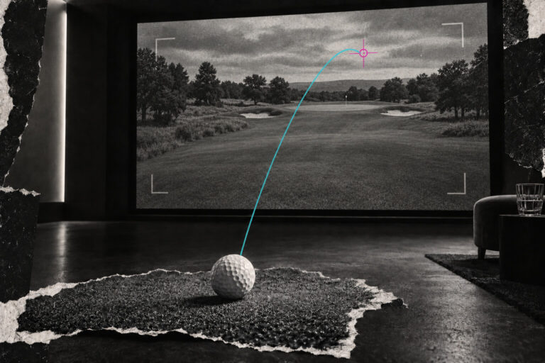 Golf ball and tracked flight path inside an indoor golf simulator showing a real course.