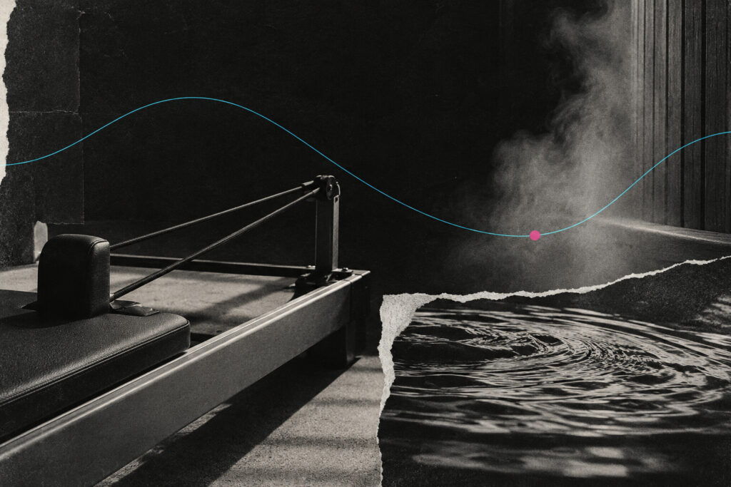 Editorial collage combining a Pilates reformer, steam and water ripples.